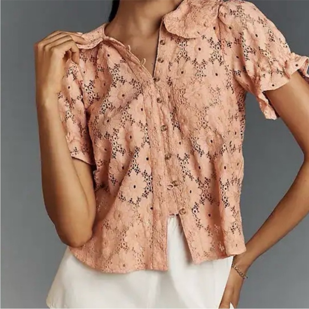 Pilcro Keira Lace Blouse by Anthropologie Womens Coral Collar Puff Sleeve Top XS - Picture 3 of 15